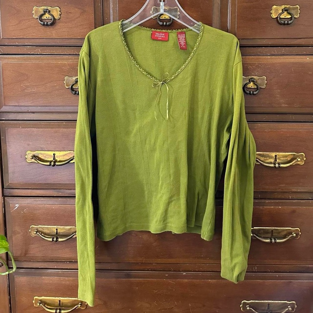 Cotton Lace Bow Detail Green Long Sleeve Shirt Top
